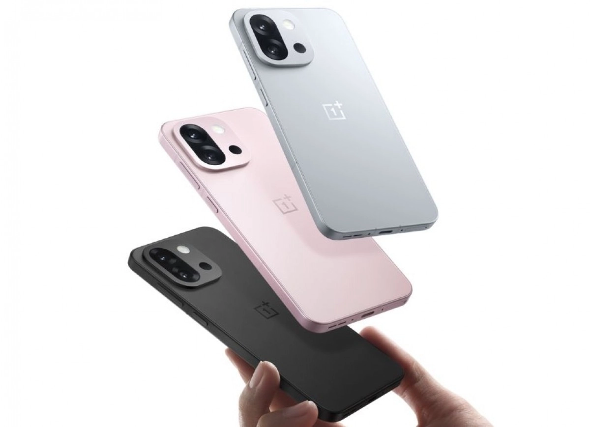 OnePlus 15T phones in three colors.