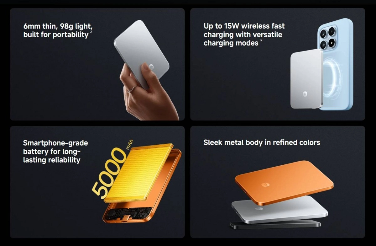 Xiaomi 5000mAh Qi2 power bank features and colors.