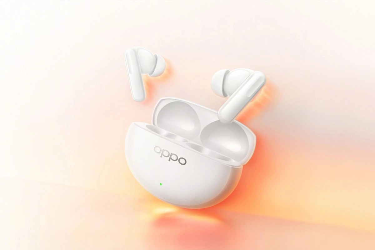 White Oppo Enco Air5 Pro earbuds and charging case.
