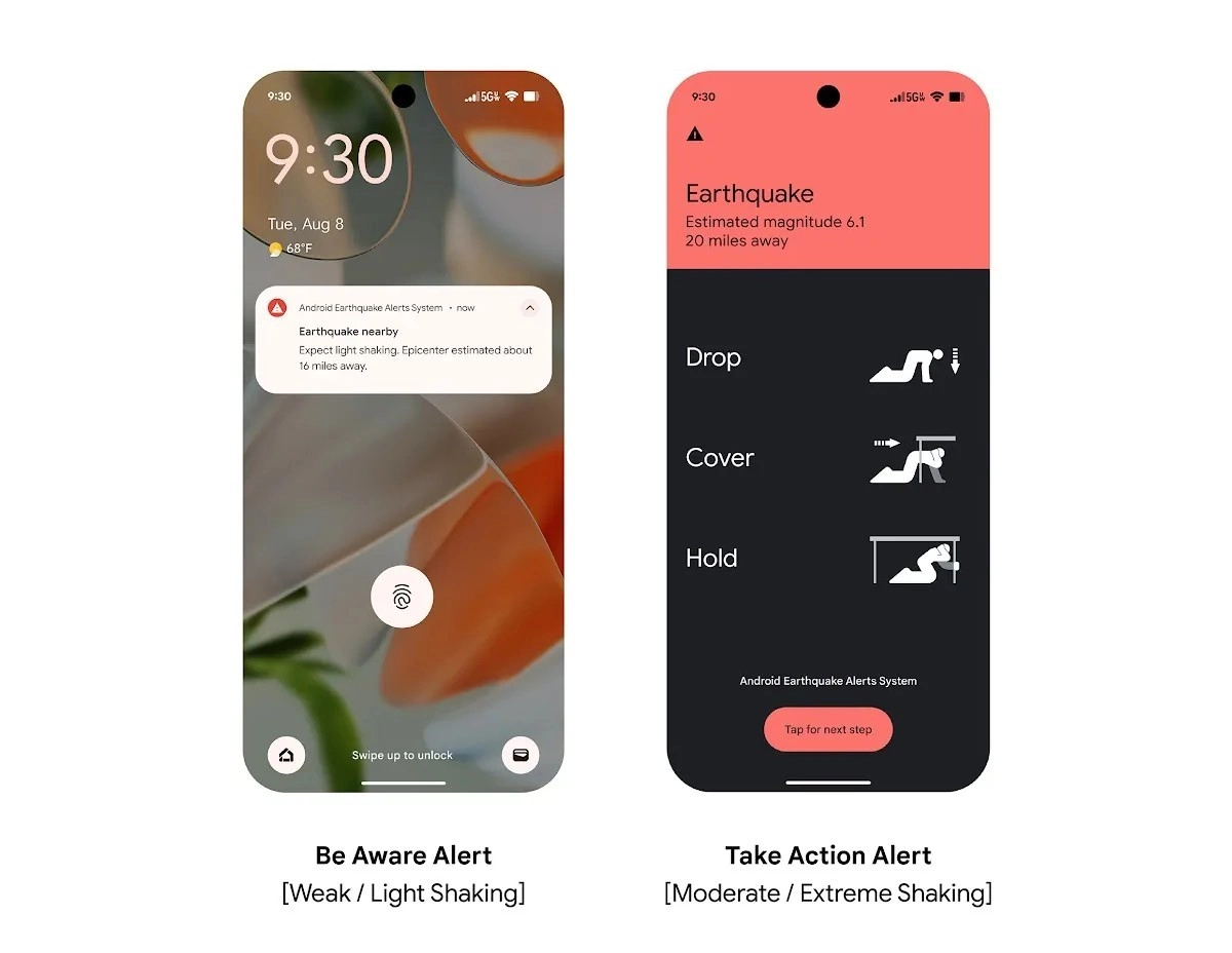Android earthquake alert notifications on phone.