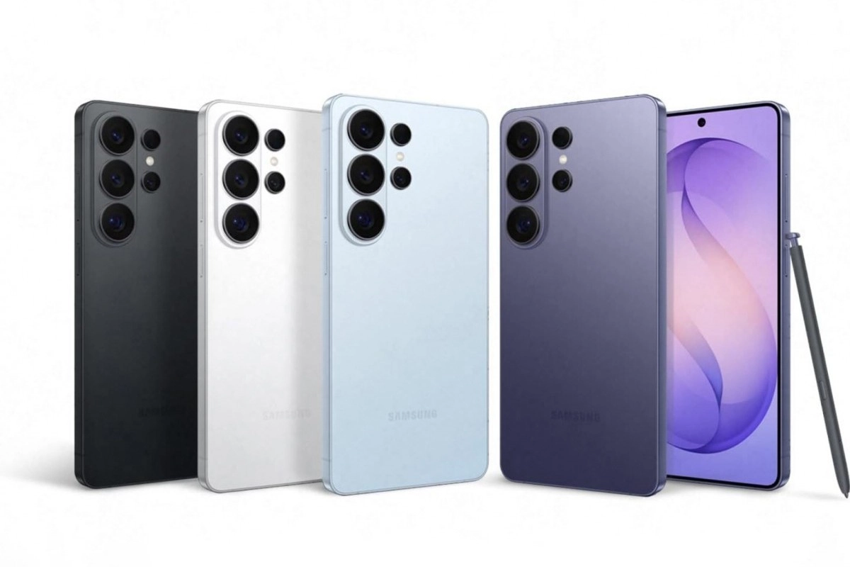 Samsung Galaxy S26 Ultra in black, white, blue, purple.