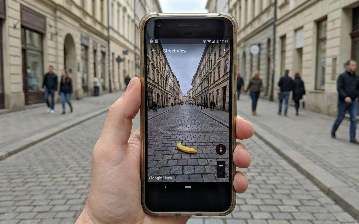 Street View phone shows banana on cobblestone street.