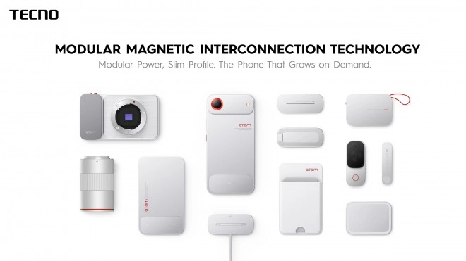 Tecno modular phone with magnetic accessories.
