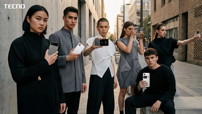 Tecno modular phone with magnetic attachment and physical pins.