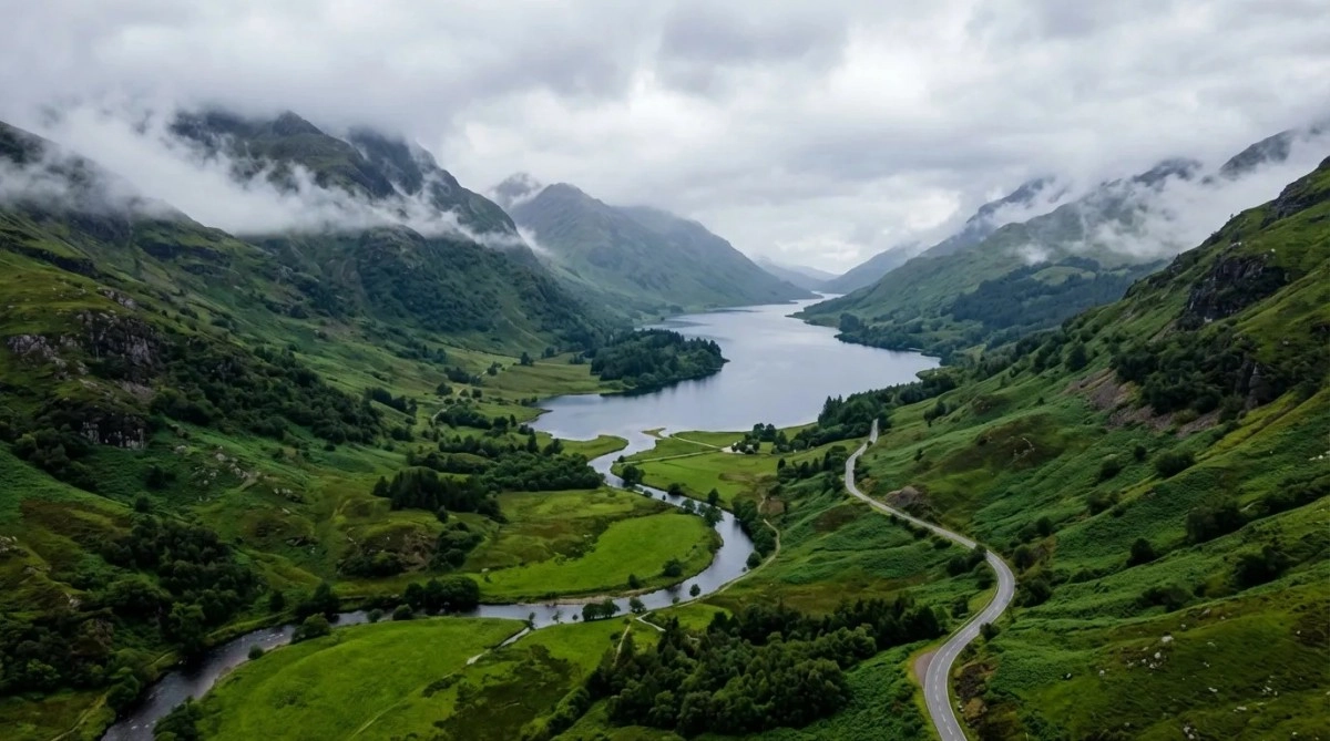 Aerial view of green valley, lake, mountains, and road.