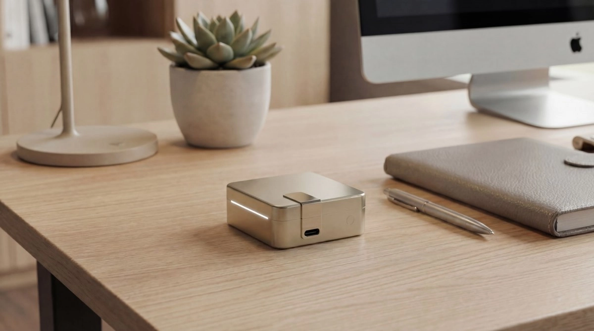 Ultrahuman Ring Pro gold charging case on desk.