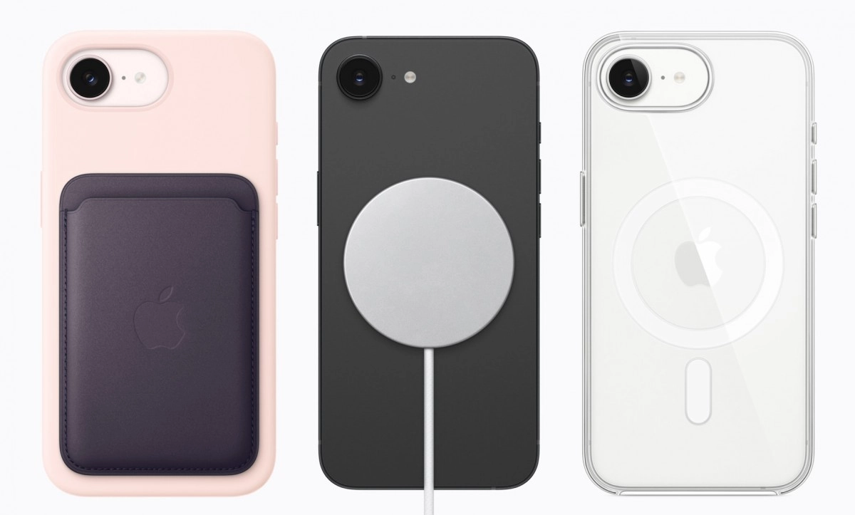 iPhone 17e with MagSafe wallet, charger, and case.