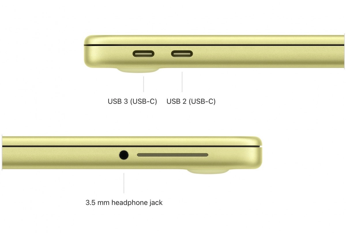 MacBook Neo USB-C, USB 3, USB 2, headphone jack.