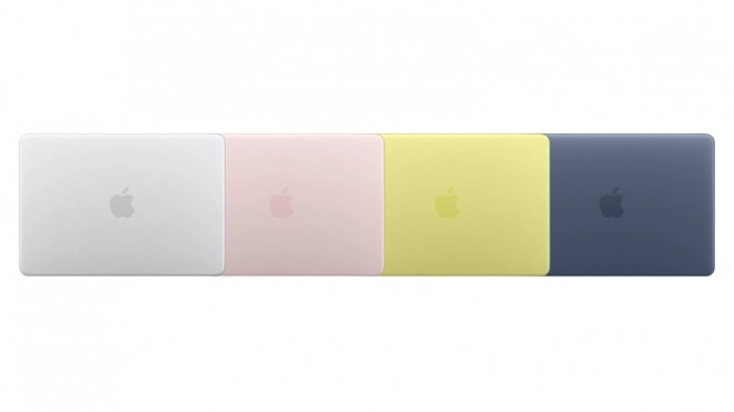 MacBook Neo in four colors, Apple logo visible.