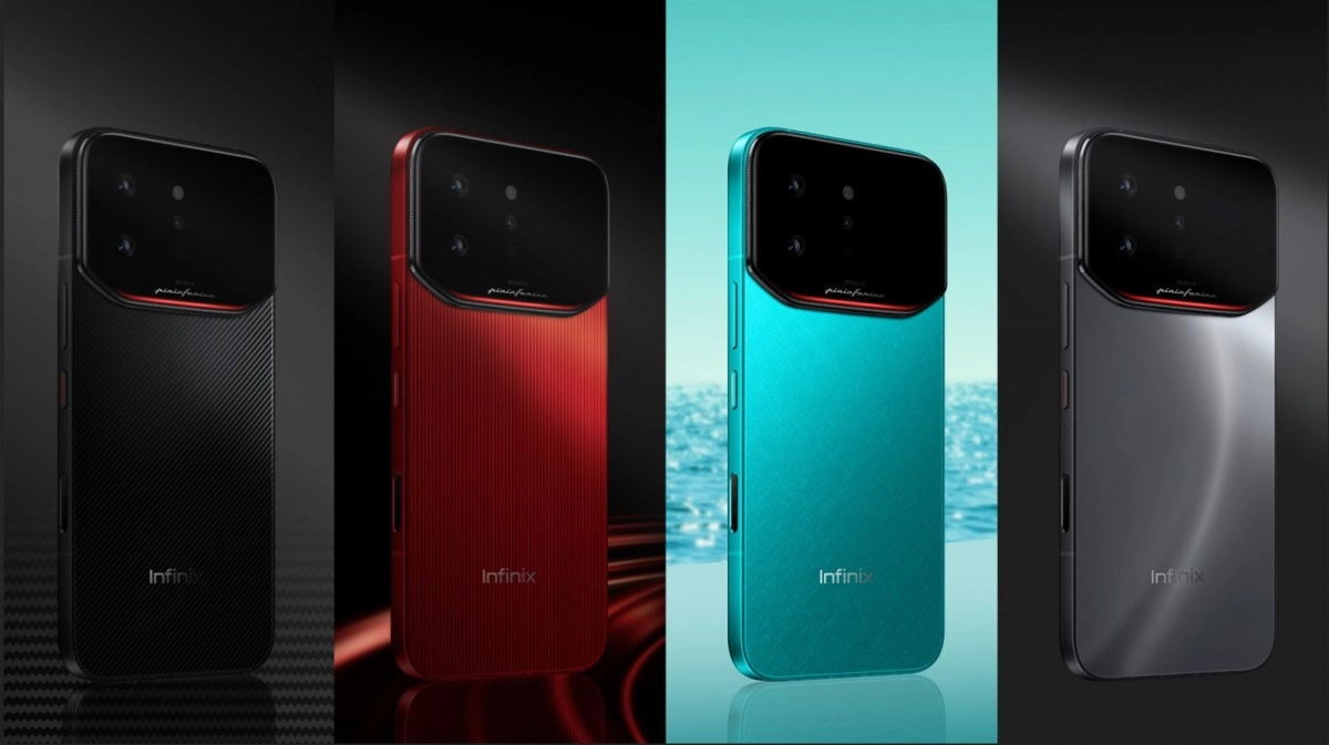 Infinix Note 60 Ultra Pininfarina phones, four colors.