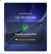NordVPN Android flags potential financial services scam call.