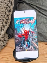 TCL NxtPaper phone displaying Spider-Man comic.