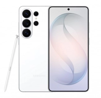 White Samsung Galaxy S26 Ultra phone with S Pen