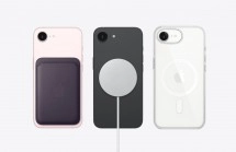 Three iPhones with magnetic charging accessories.