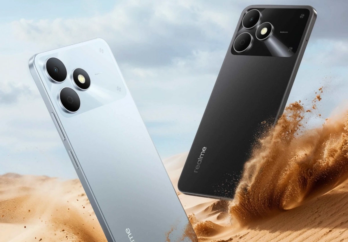 Realme Note 80 phones, white and black, desert scene.