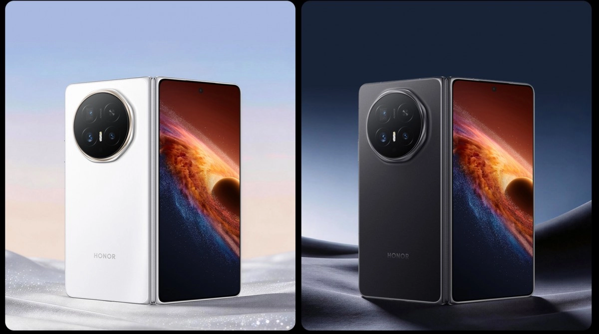 Honor Magic V6 white and black folding phones.