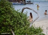Woman on Phu Quoc beach with foliage and driftwood.