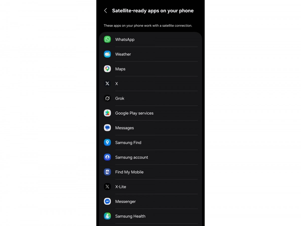 Samsung satellite-ready apps list on phone.
