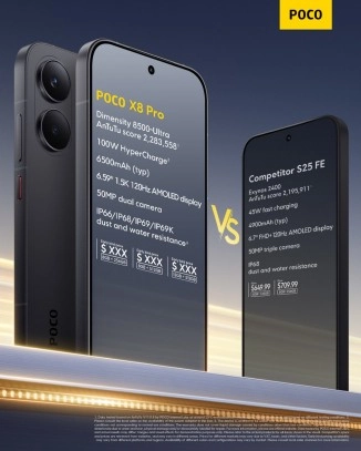 Poco X8 Pro vs Competitor S25 FE specs comparison.