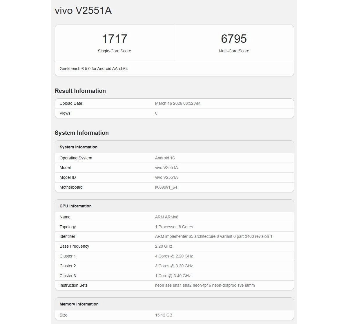 vivo V2551A benchmark scores and system information.