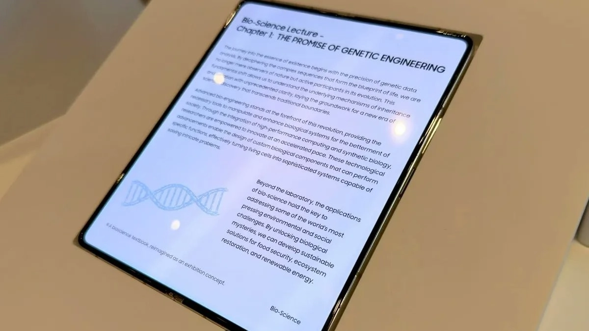Folding display showing genetic engineering lecture.