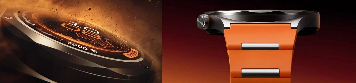 Oppo Watch X3 titanium alloy body, orange strap.