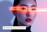 Woman with glowing AI light rays over eyes.