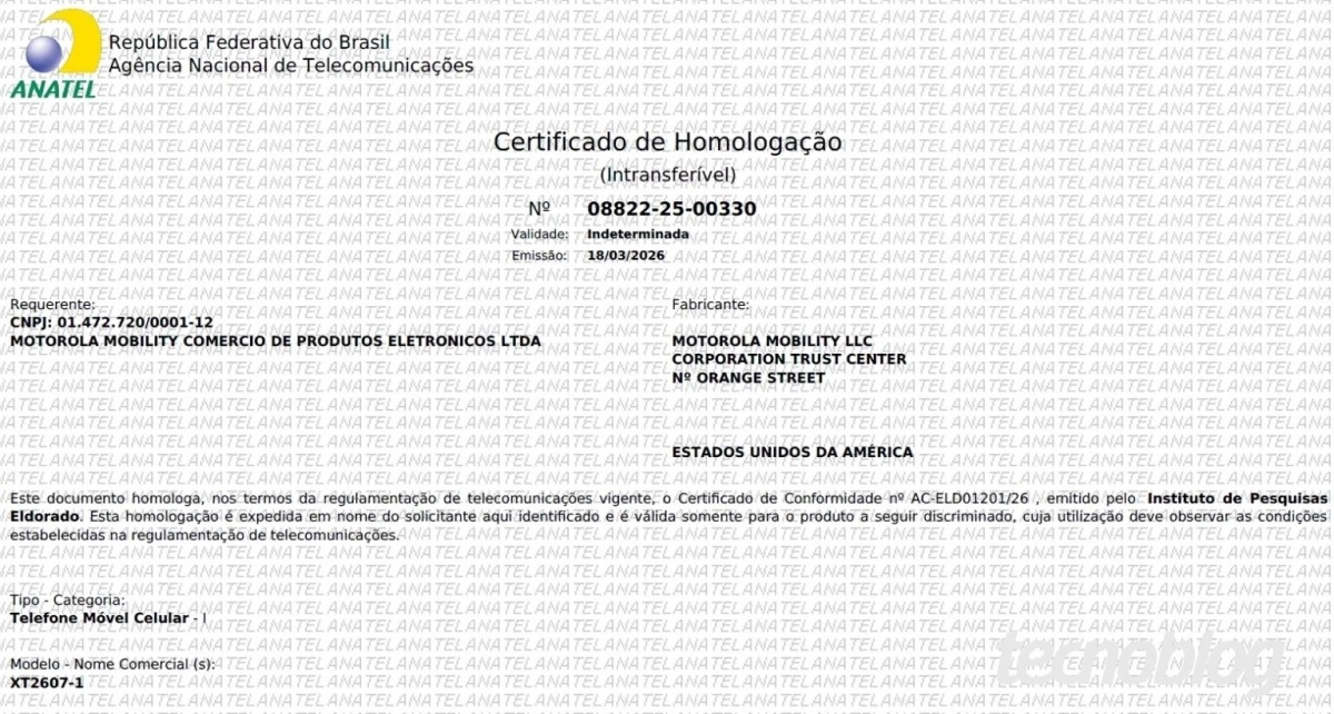 Anatel certification for Motorola phone with 6500 mAh battery