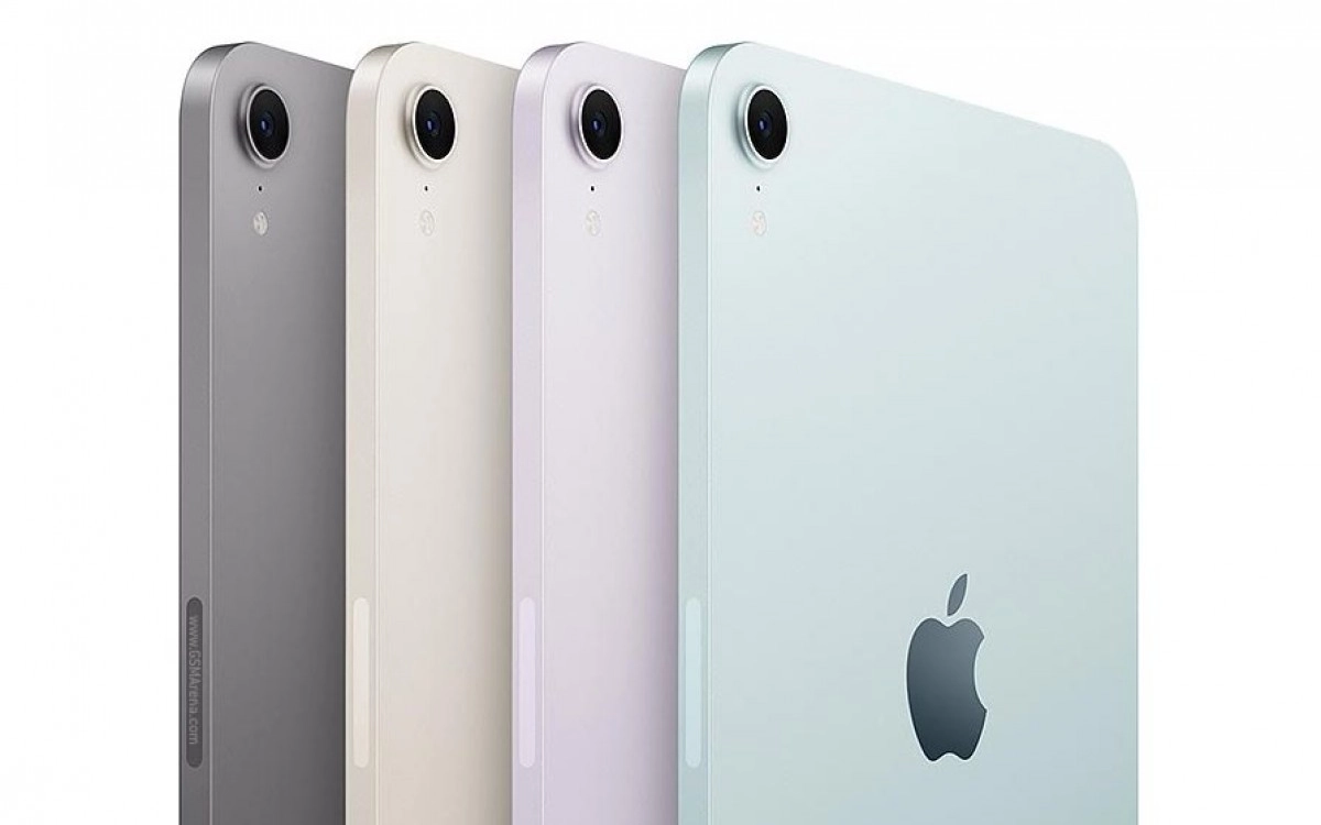 Apple iPads in four pastel colors with cameras.