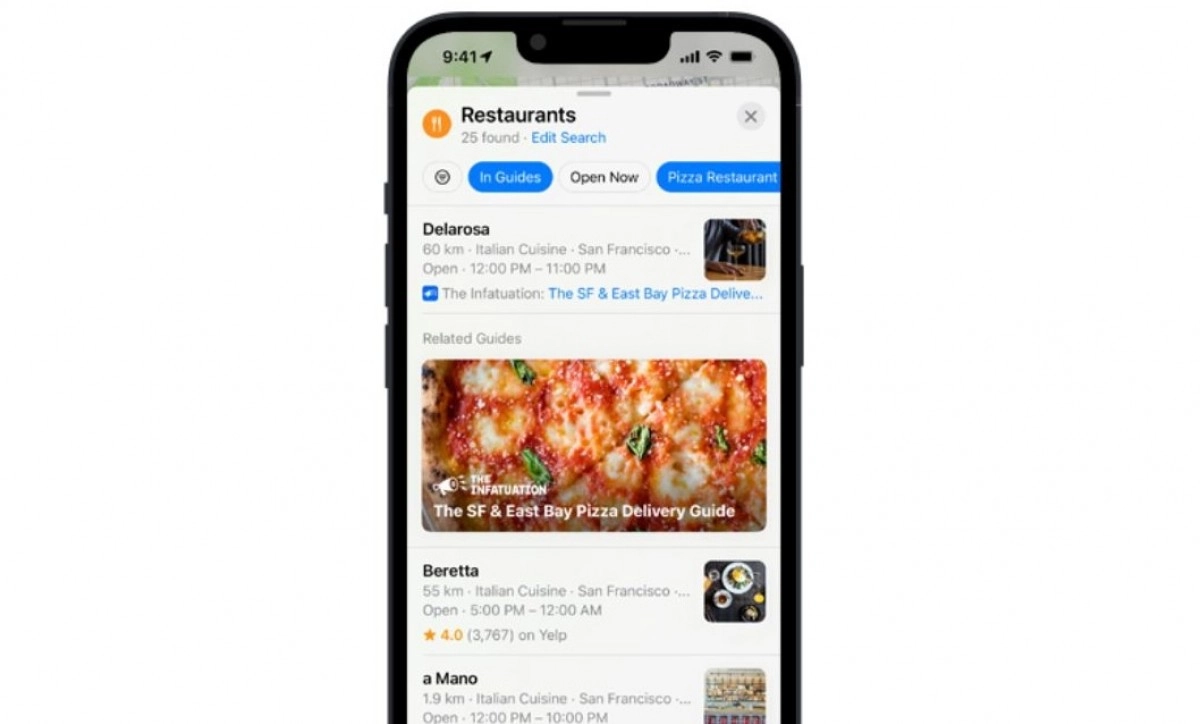 Apple Maps restaurant search showing pizza guide.