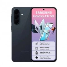 Samsung Galaxy A37 5G phone with specs listed.