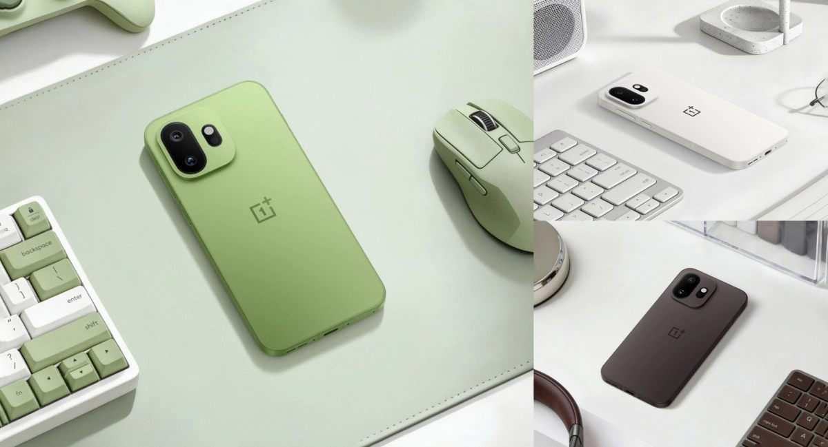 OnePlus 15T phones in green, white, brown
