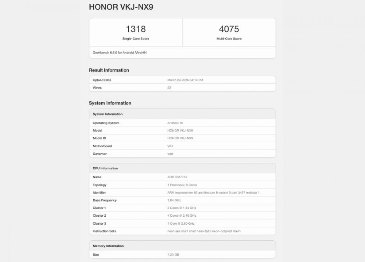 Honor VKJ-NX9 Geekbench scores and chipset details.