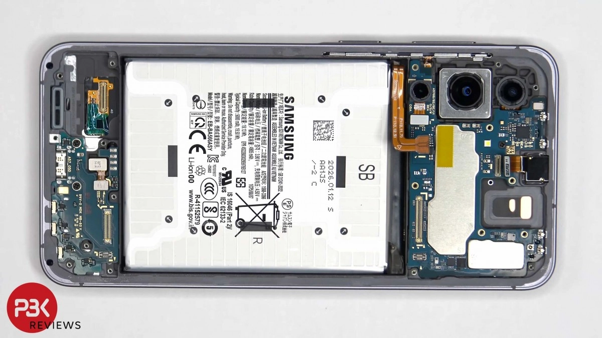 Samsung Galaxy A57 disassembled, showing battery and components.