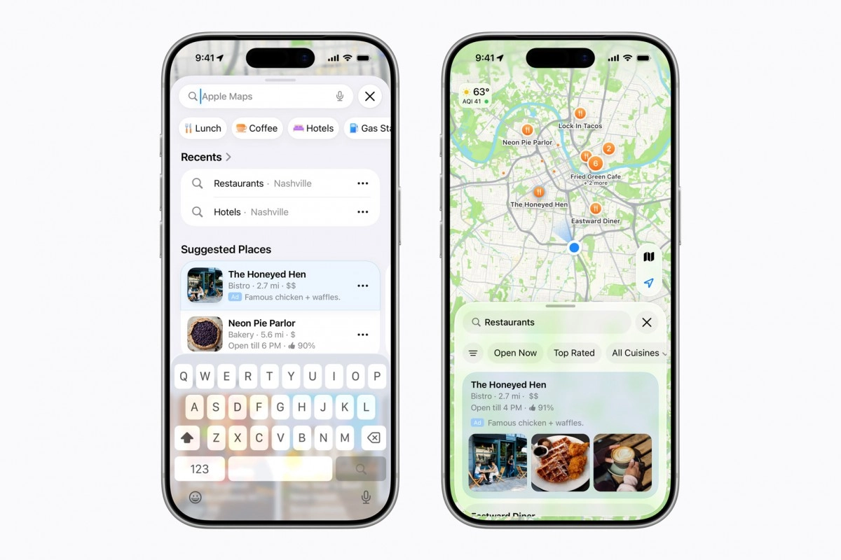 Apple Maps shows restaurant ads and search results.