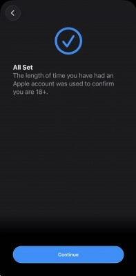 Apple account age verification confirmation screen.