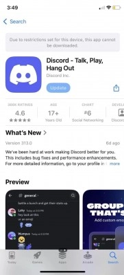 Apple App Store Discord app age restriction.