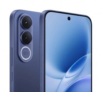 Blue vivo V70 FE smartphone with triple camera.