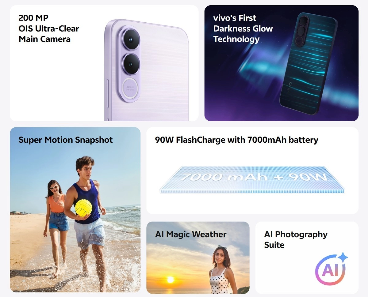 vivo V70 FE camera, battery, Darkness Glow technology.