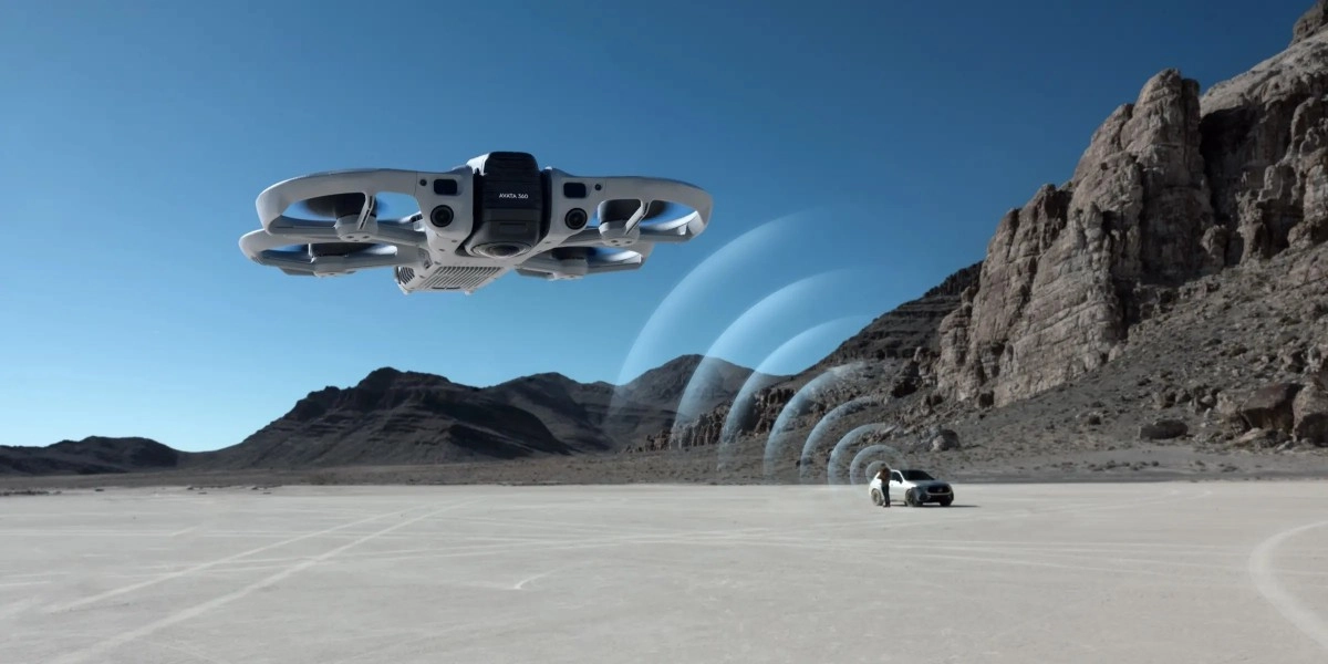DJI Avata 360 drone flying in desert.