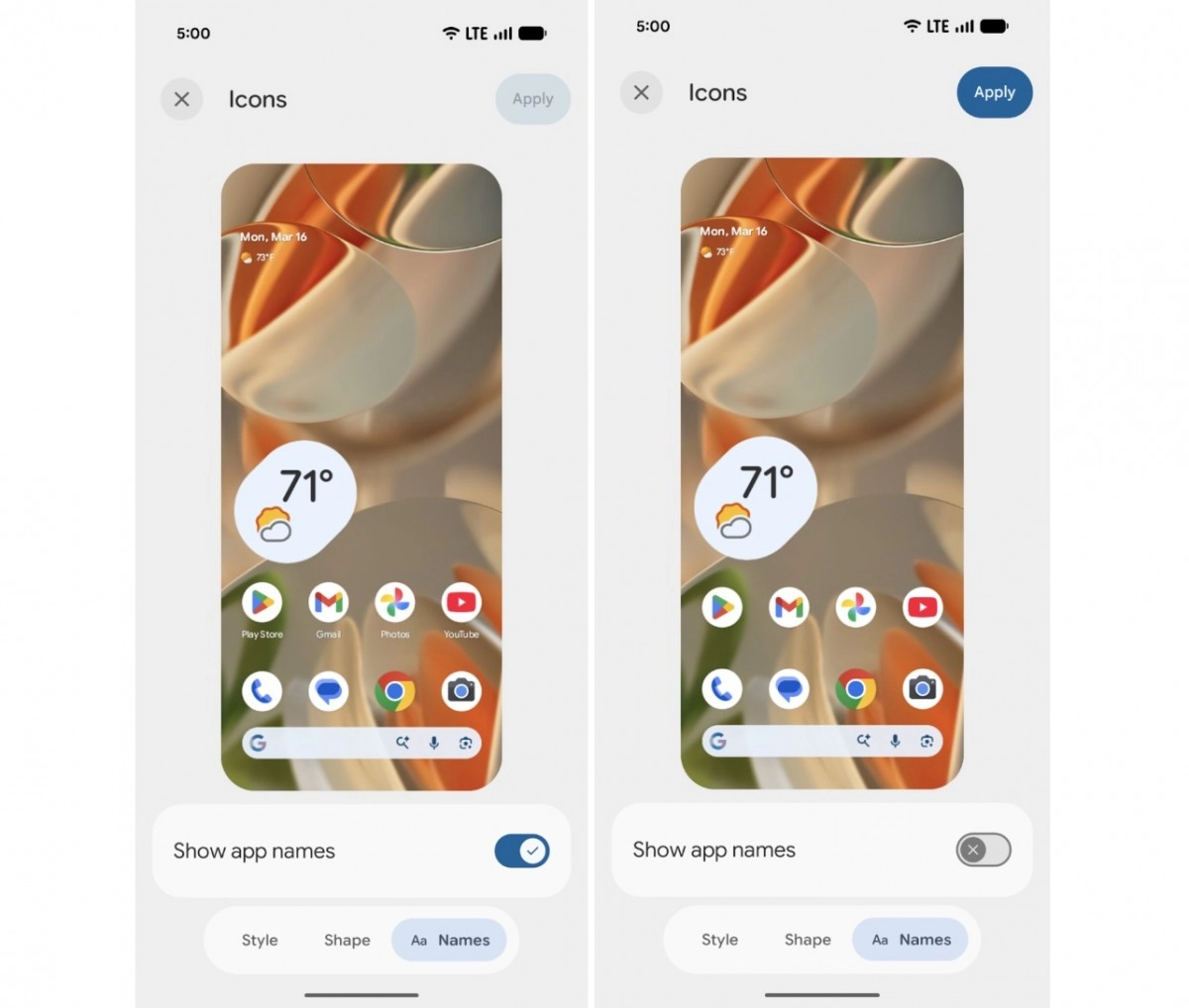 Android 17 Beta 3 icon customization screen.
