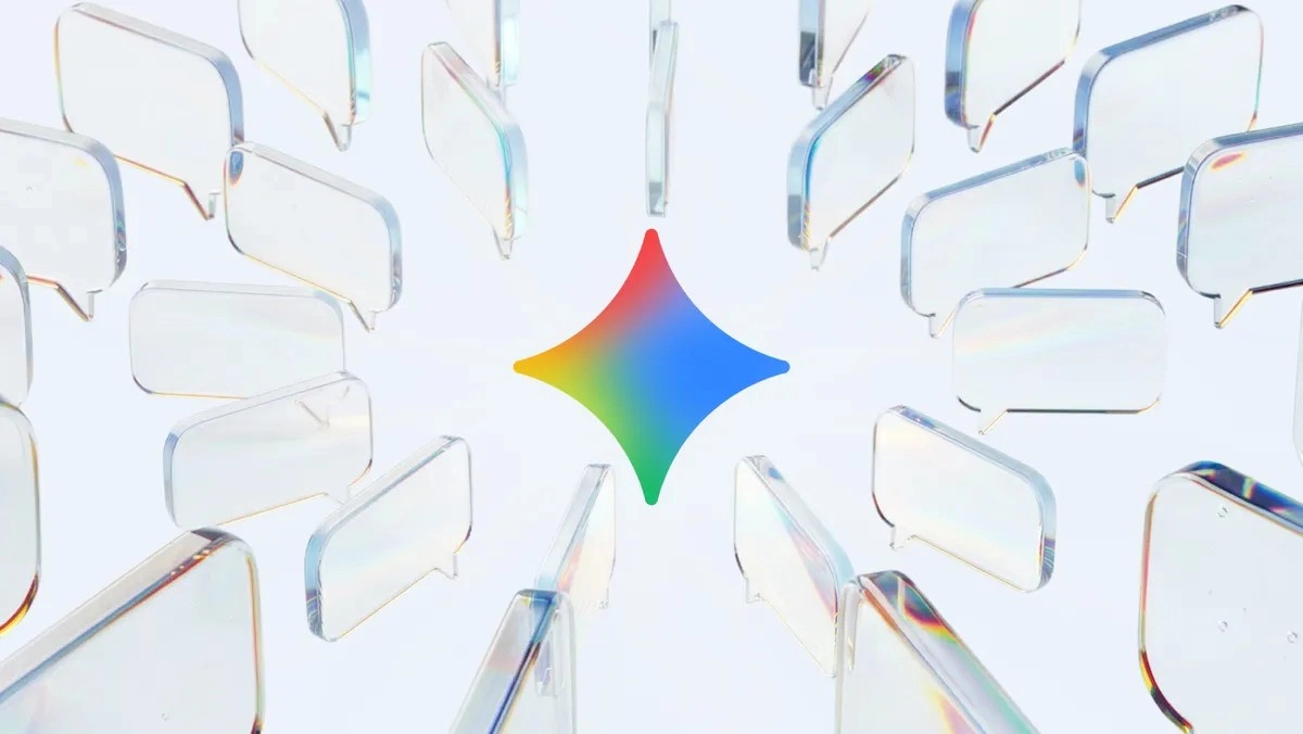 Gemini logo surrounded by glass speech bubbles.