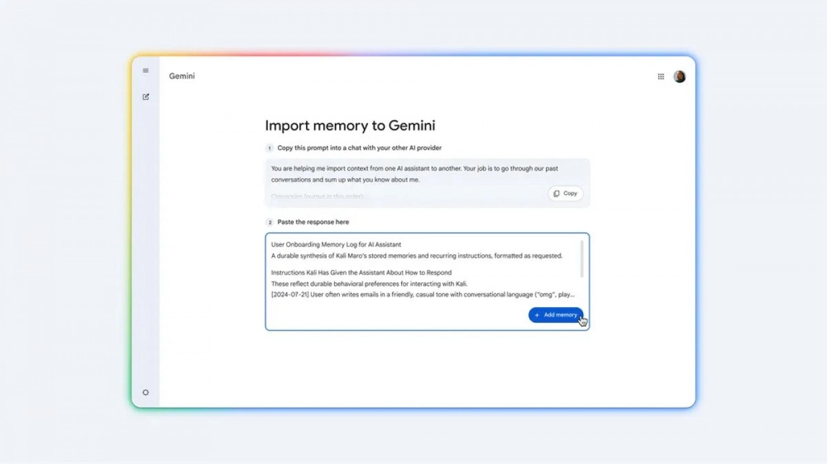 Gemini importing memory from other AI chatbots.