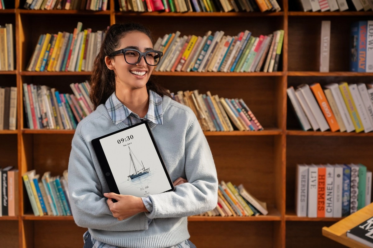 Woman holds TCL Note A1 NxtPaper digital notepad.