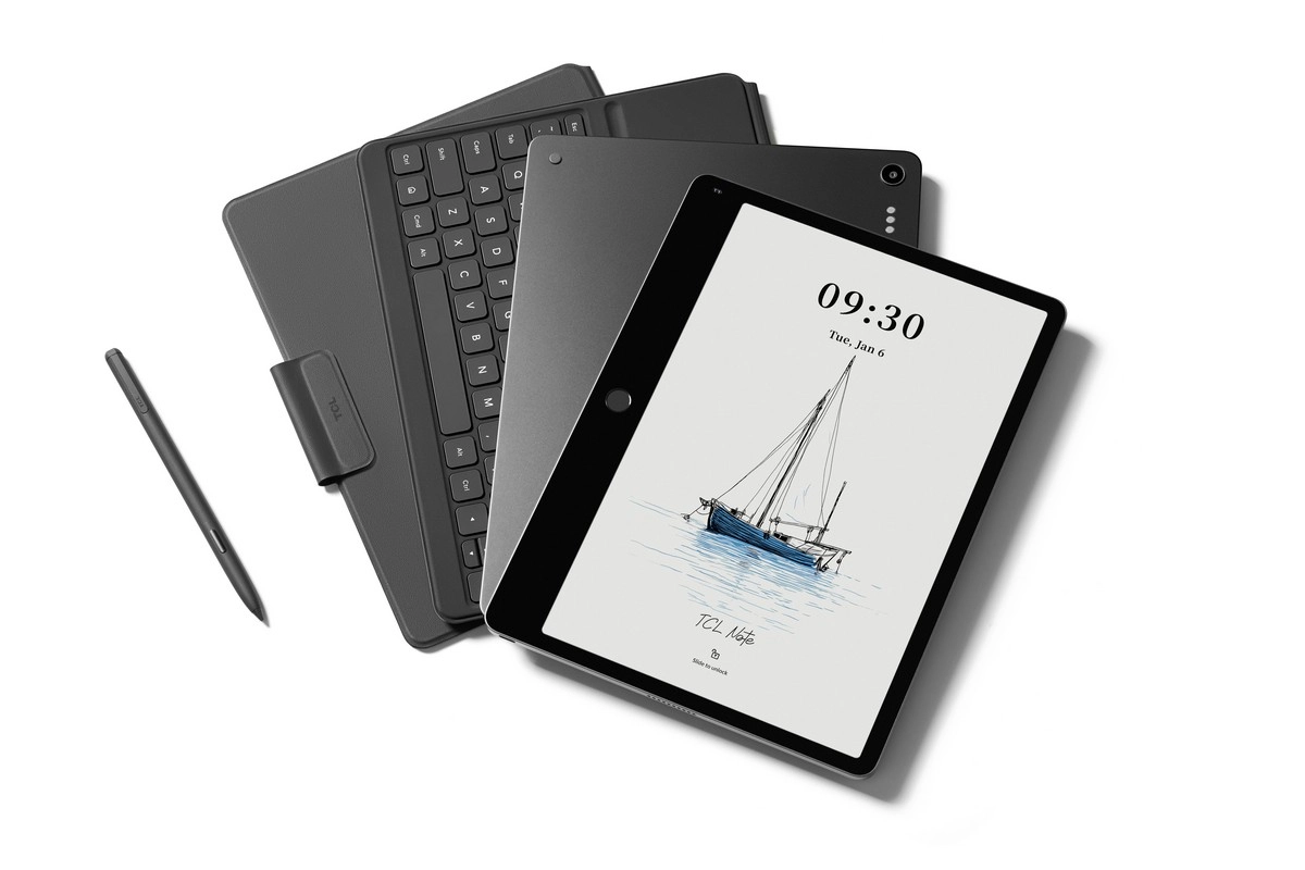 TCL Note A1 NxtPaper digital notepad and keyboard.