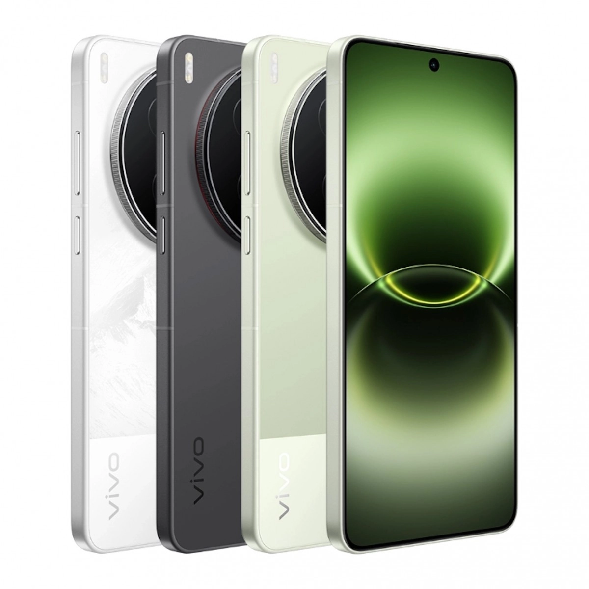 vivo X300 Ultra phones in white, gray, and green.
