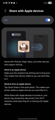Galaxy sharing with Apple devices interface on phone