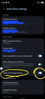 Galaxy Quick Share settings enable sharing with Apple devices.