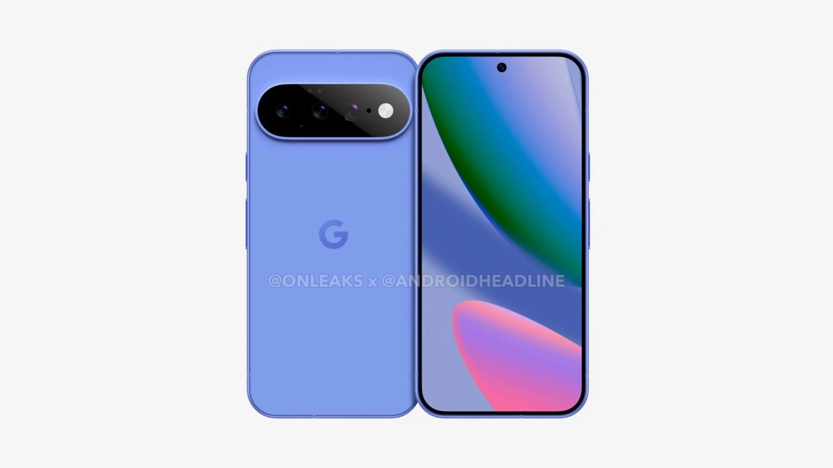 Google Pixel 11 blue CAD renders, front and back.