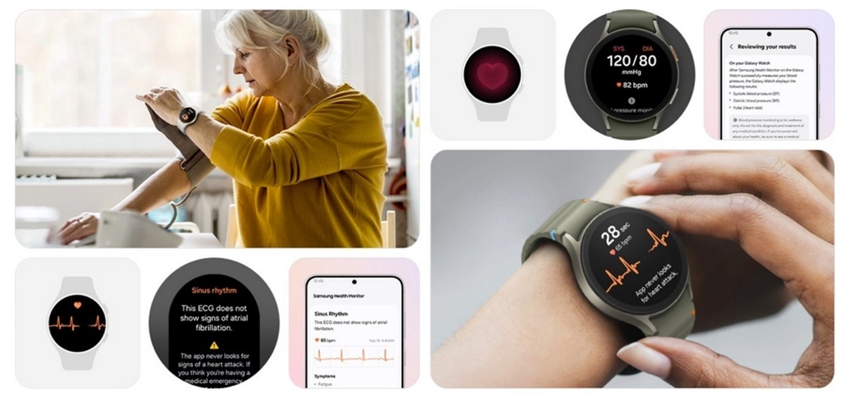 Samsung Galaxy Watch measures blood pressure and heart rate.
